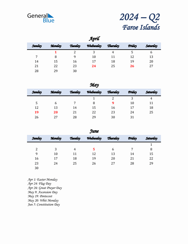 April, May, and June Calendar for Faroe Islands with Sunday Start