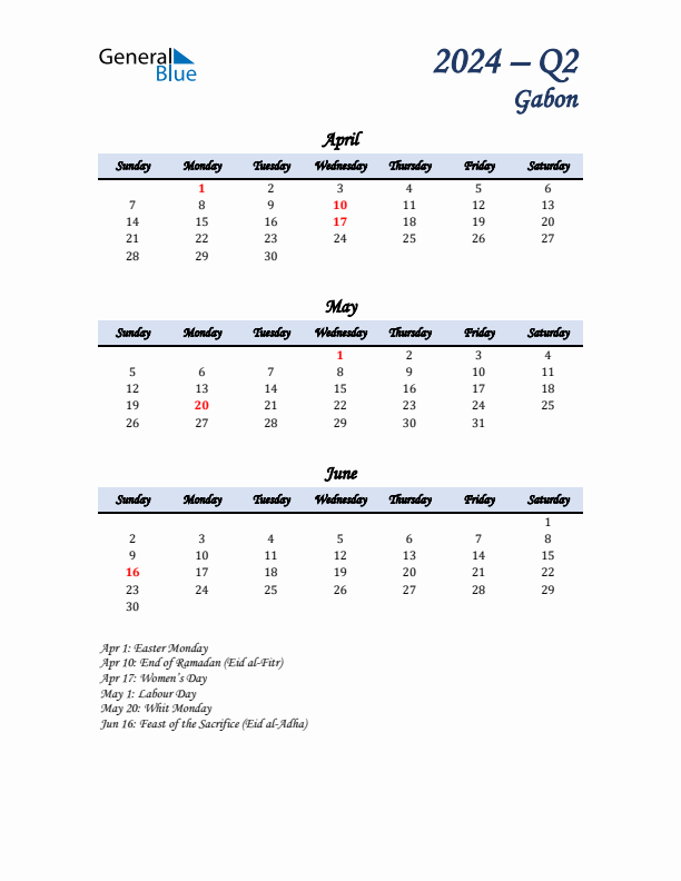 April, May, and June Calendar for Gabon with Sunday Start