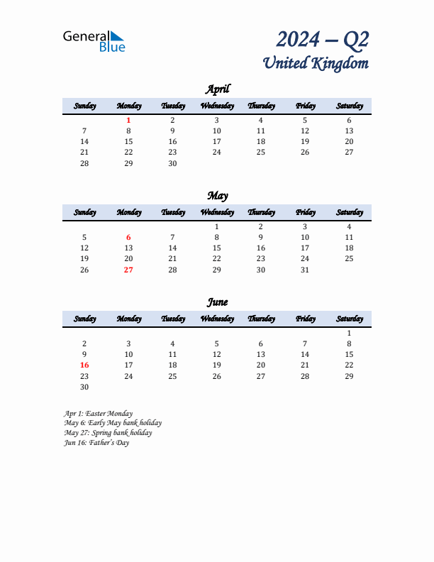 April, May, and June Calendar for United Kingdom with Sunday Start