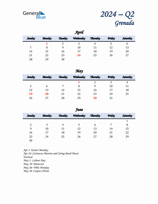 April, May, and June Calendar for Grenada with Sunday Start