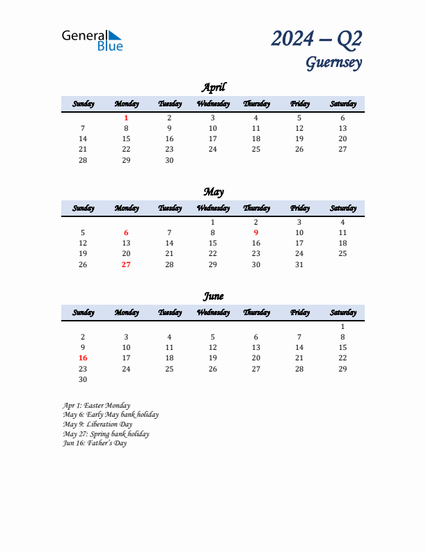 April, May, and June Calendar for Guernsey with Sunday Start