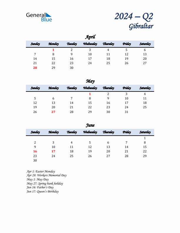 April, May, and June Calendar for Gibraltar with Sunday Start