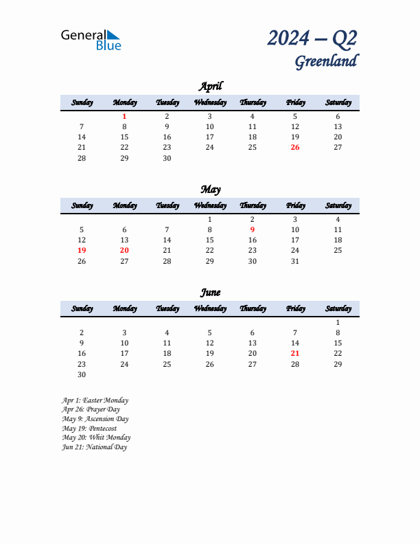 April, May, and June Calendar for Greenland with Sunday Start