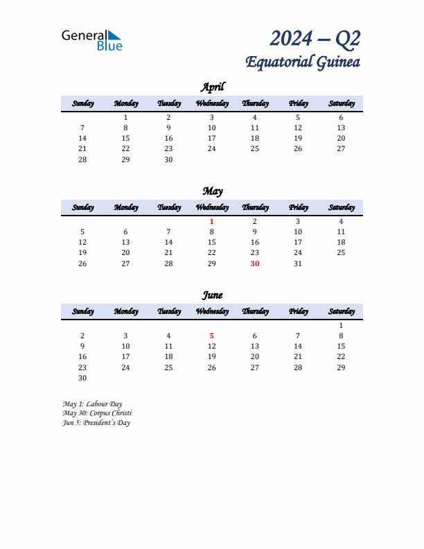 April, May, and June Calendar for Equatorial Guinea with Sunday Start