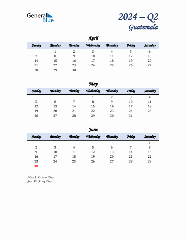 April, May, and June Calendar for Guatemala with Sunday Start