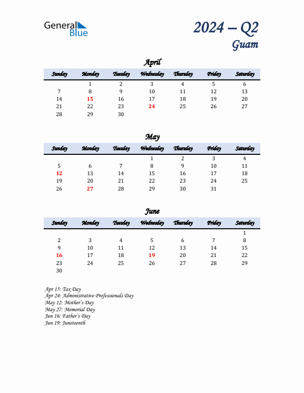 April, May, and June Calendar for Guam with Sunday Start