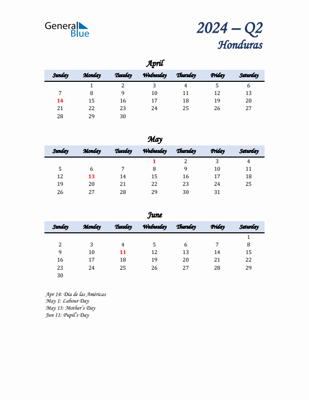 April, May, and June Calendar for Honduras with Sunday Start