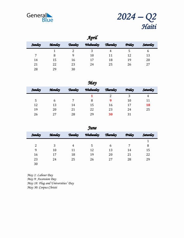 April, May, and June Calendar for Haiti with Sunday Start