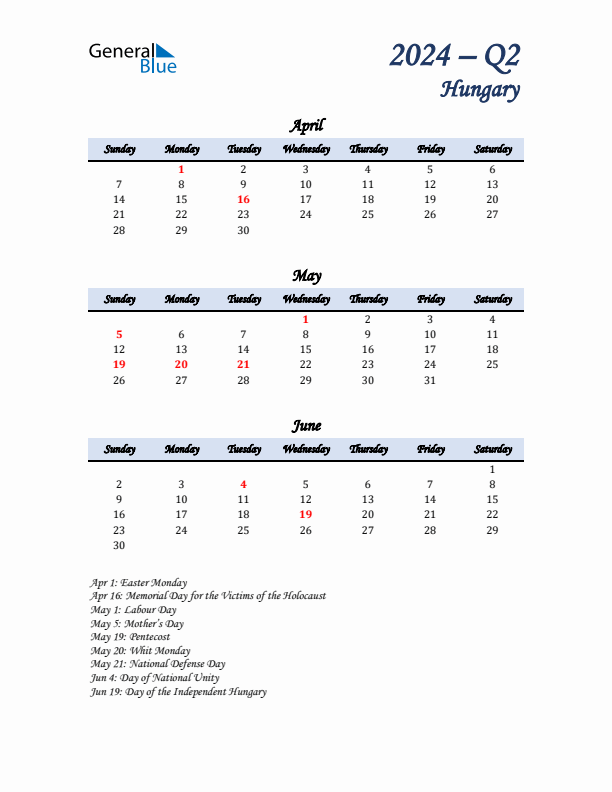 April, May, and June Calendar for Hungary with Sunday Start