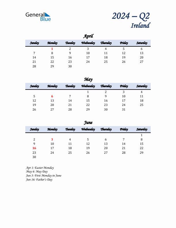 April, May, and June Calendar for Ireland with Sunday Start