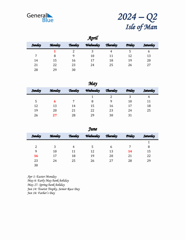 April, May, and June Calendar for Isle of Man with Sunday Start