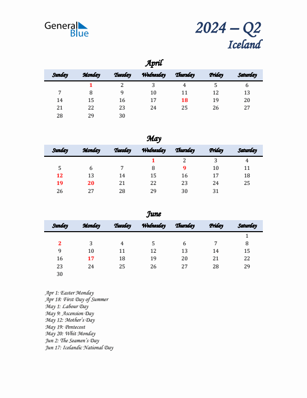 April, May, and June Calendar for Iceland with Sunday Start