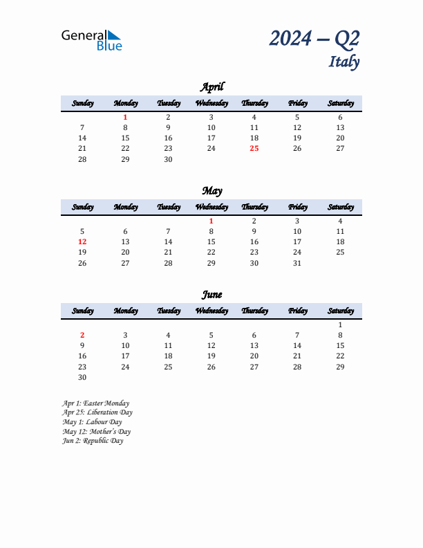 April, May, and June Calendar for Italy with Sunday Start