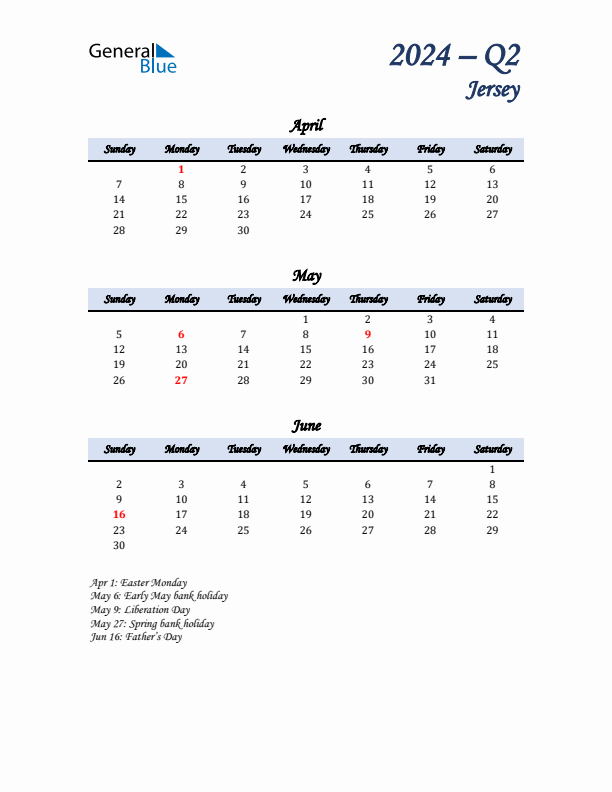 April, May, and June Calendar for Jersey with Sunday Start