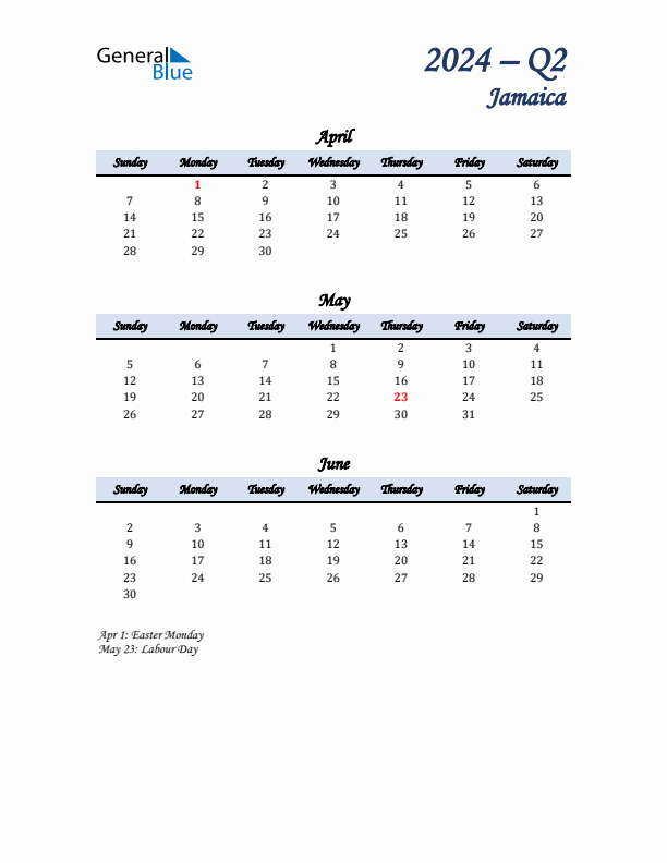 April, May, and June Calendar for Jamaica with Sunday Start