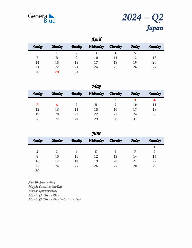 April, May, and June Calendar for Japan with Sunday Start