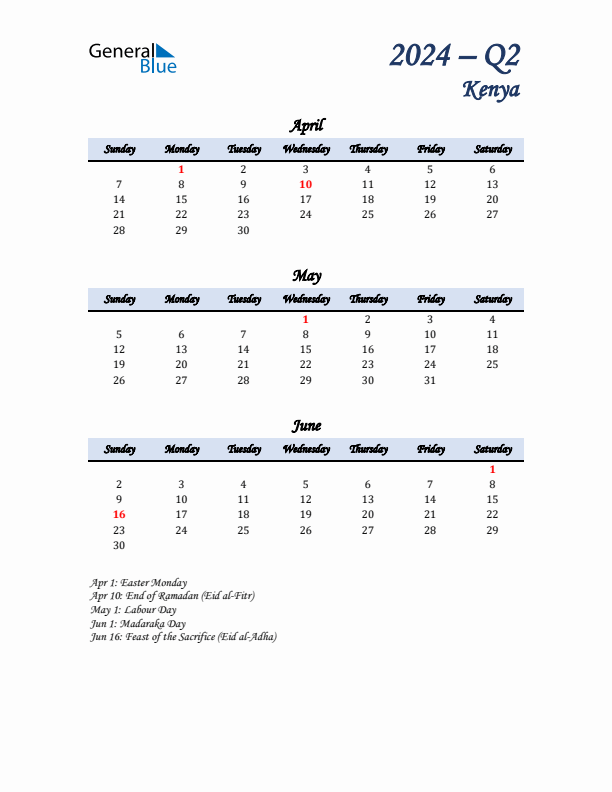 April, May, and June Calendar for Kenya with Sunday Start