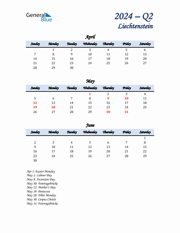 April, May, and June Calendar for Liechtenstein with Sunday Start