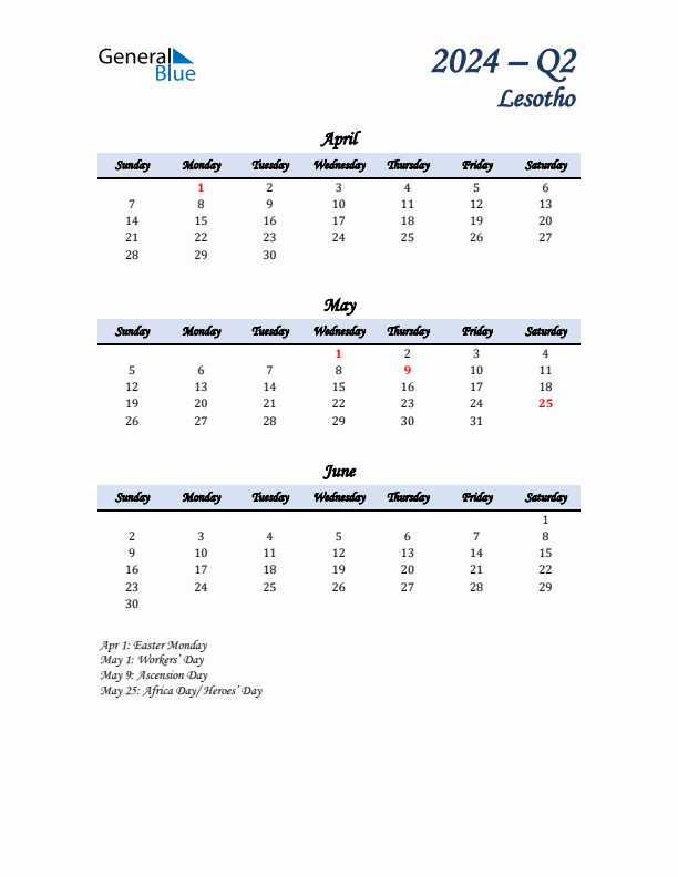 April, May, and June Calendar for Lesotho with Sunday Start