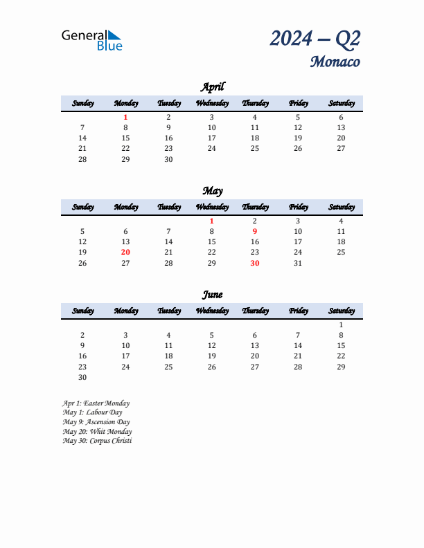 April, May, and June Calendar for Monaco with Sunday Start