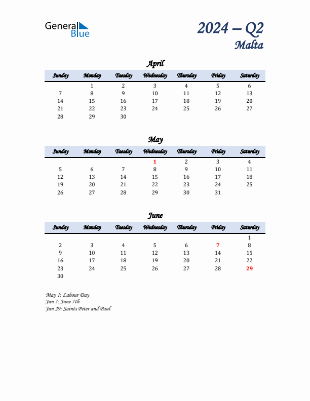 April, May, and June Calendar for Malta with Sunday Start