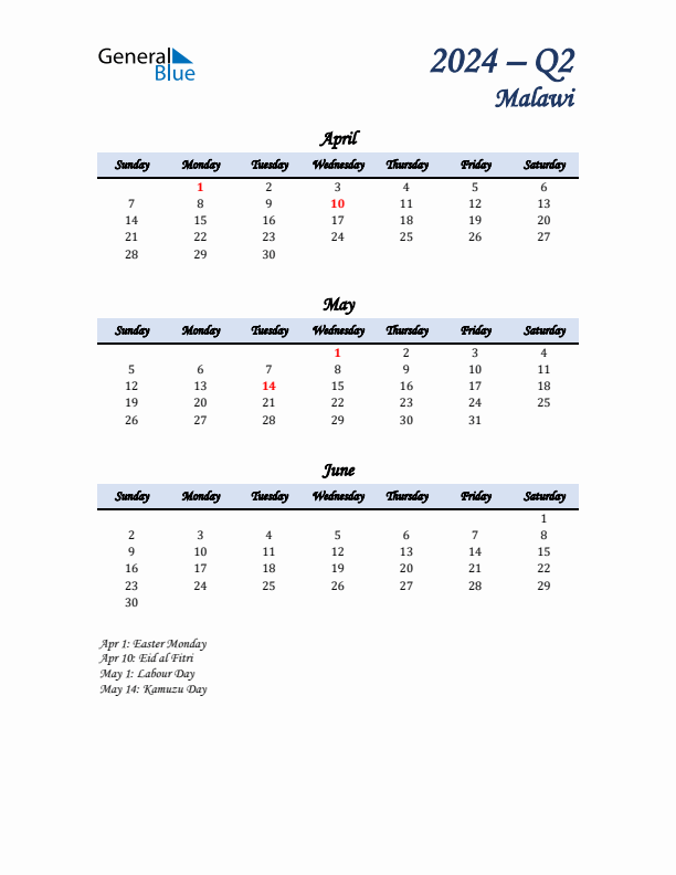 April, May, and June Calendar for Malawi with Sunday Start