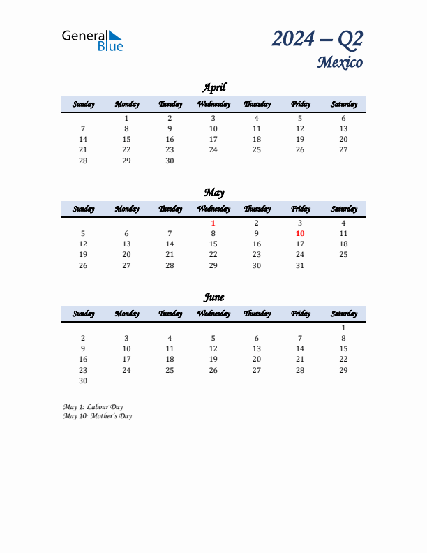 April, May, and June Calendar for Mexico with Sunday Start