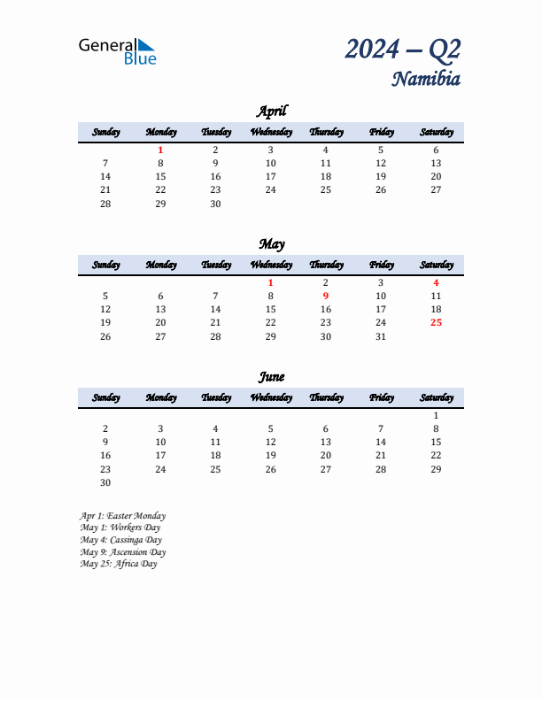 April, May, and June Calendar for Namibia with Sunday Start