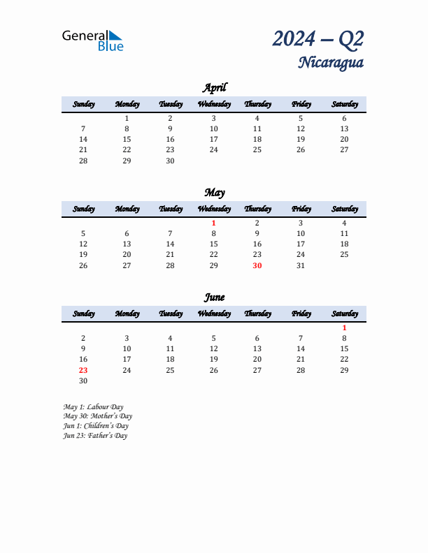 April, May, and June Calendar for Nicaragua with Sunday Start