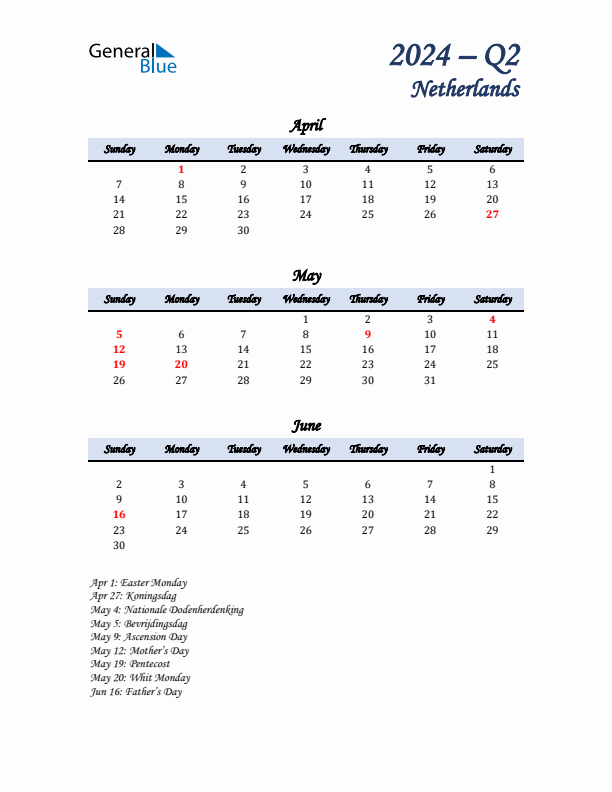 April, May, and June Calendar for The Netherlands with Sunday Start