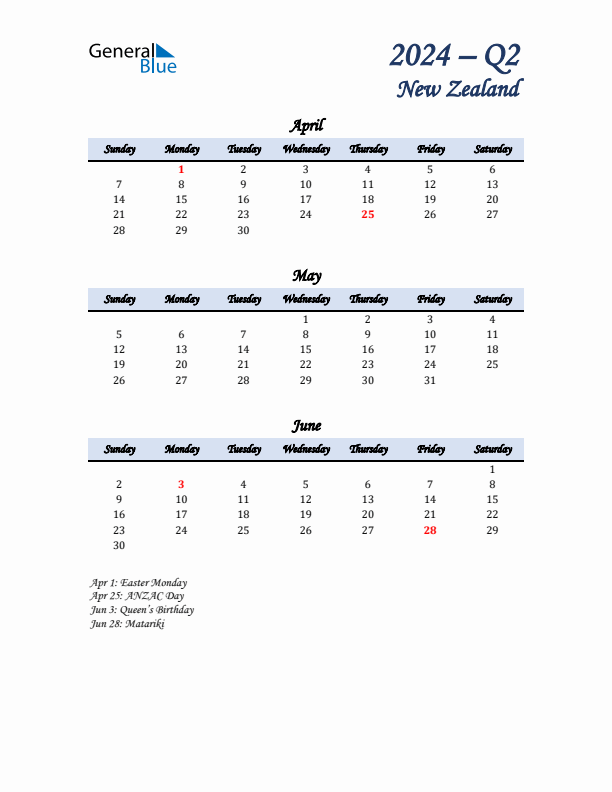 April, May, and June Calendar for New Zealand with Sunday Start