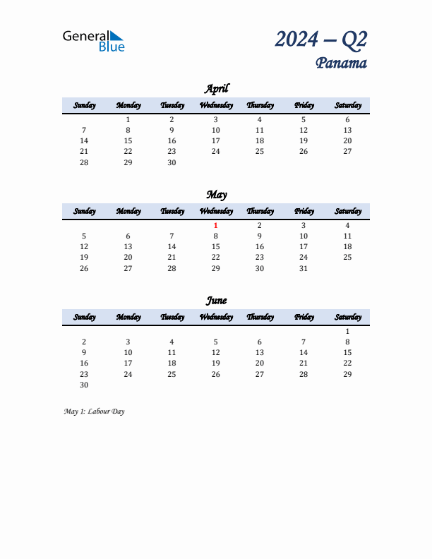 April, May, and June Calendar for Panama with Sunday Start