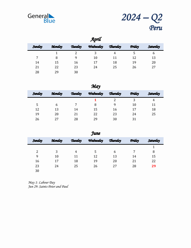 April, May, and June Calendar for Peru with Sunday Start