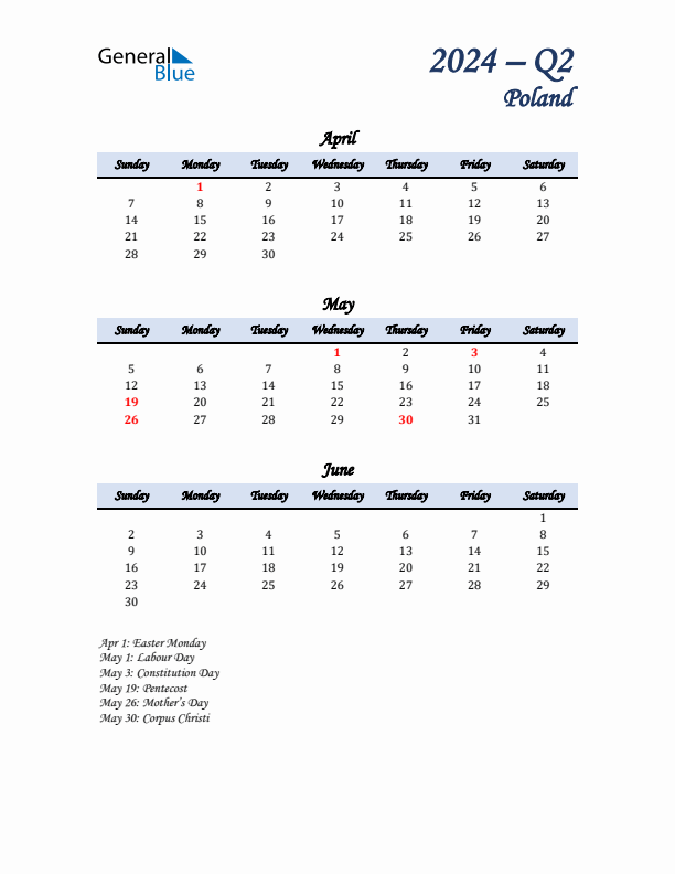 April, May, and June Calendar for Poland with Sunday Start