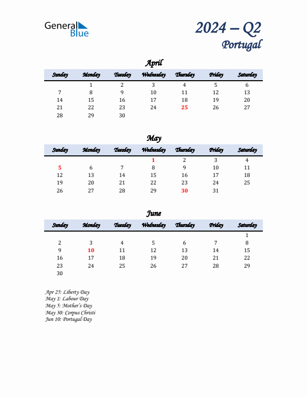 April, May, and June Calendar for Portugal with Sunday Start