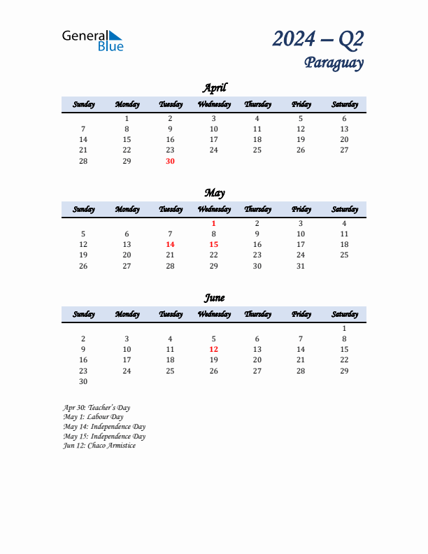 April, May, and June Calendar for Paraguay with Sunday Start