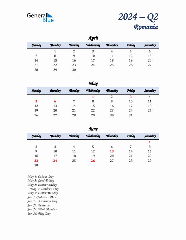 April, May, and June Calendar for Romania with Sunday Start