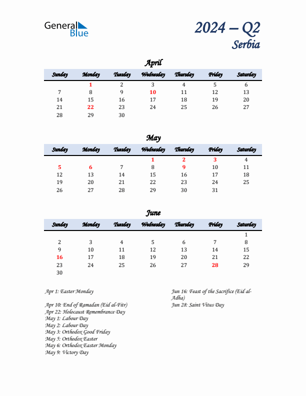 April, May, and June Calendar for Serbia with Sunday Start