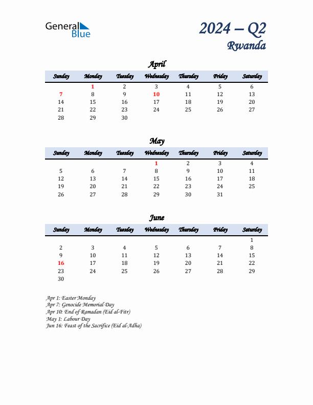 April, May, and June Calendar for Rwanda with Sunday Start