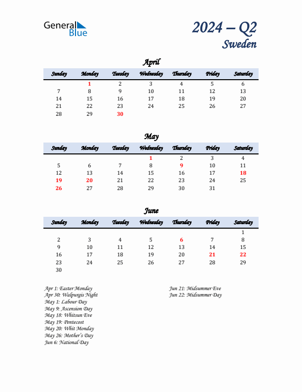 April, May, and June Calendar for Sweden with Sunday Start