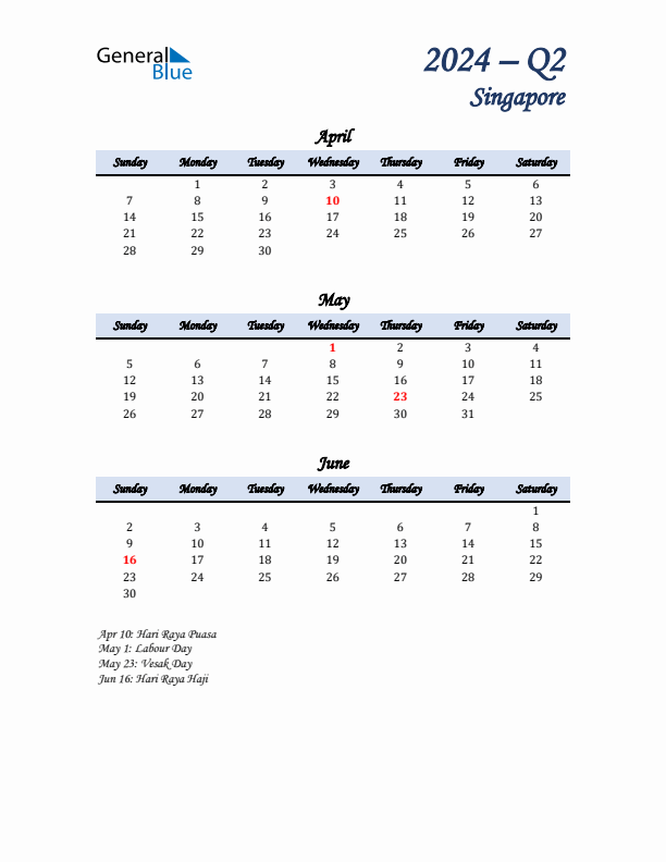 April, May, and June Calendar for Singapore with Sunday Start