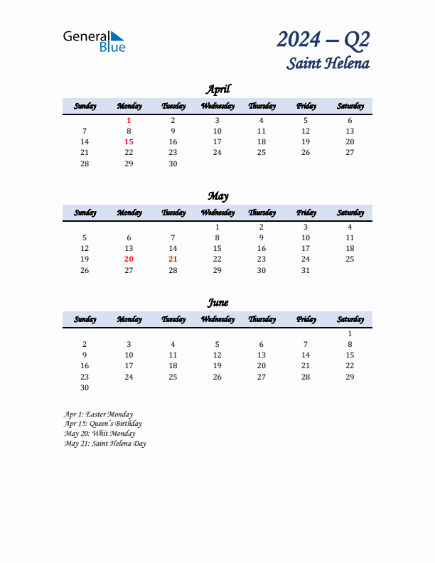 April, May, and June Calendar for Saint Helena with Sunday Start