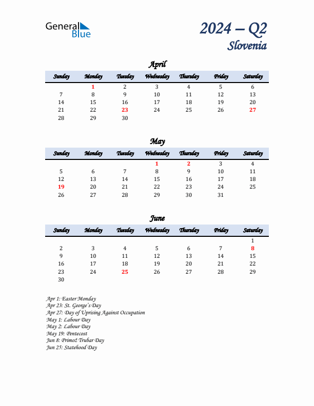 April, May, and June Calendar for Slovenia with Sunday Start