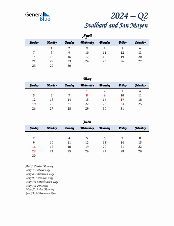 April, May, and June Calendar for Svalbard and Jan Mayen with Sunday Start