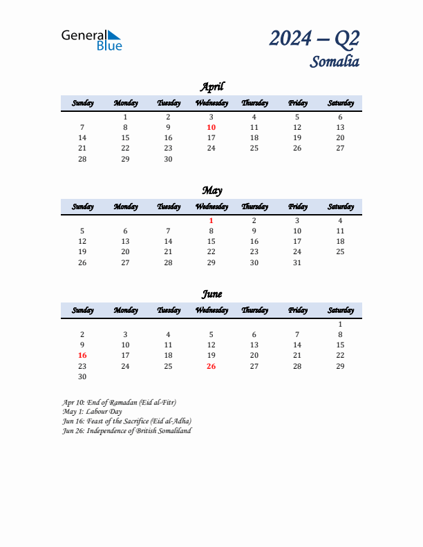 April, May, and June Calendar for Somalia with Sunday Start