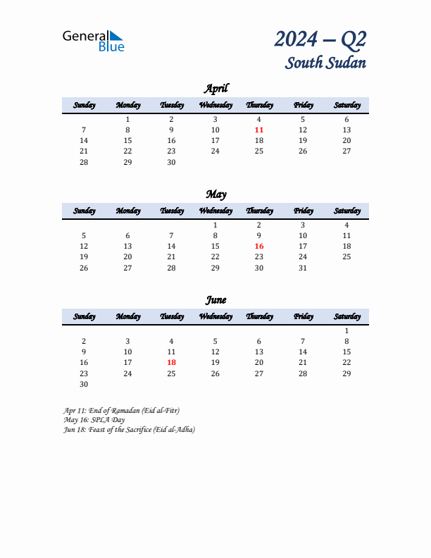 April, May, and June Calendar for South Sudan with Sunday Start