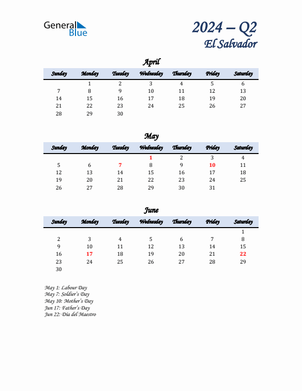 April, May, and June Calendar for El Salvador with Sunday Start