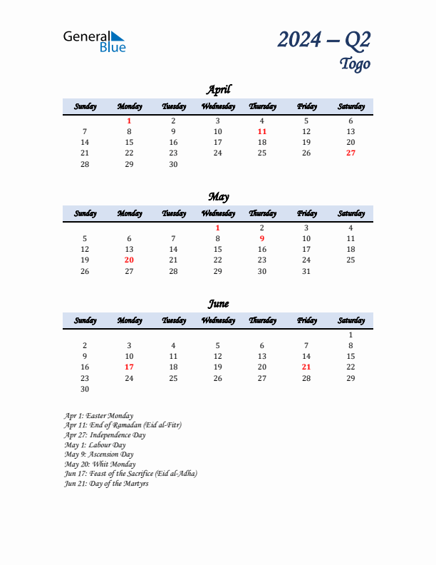 April, May, and June Calendar for Togo with Sunday Start