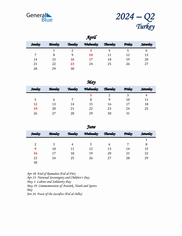 April, May, and June Calendar for Turkey with Sunday Start