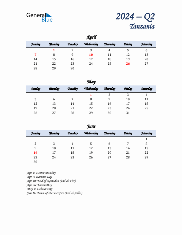 April, May, and June Calendar for Tanzania with Sunday Start